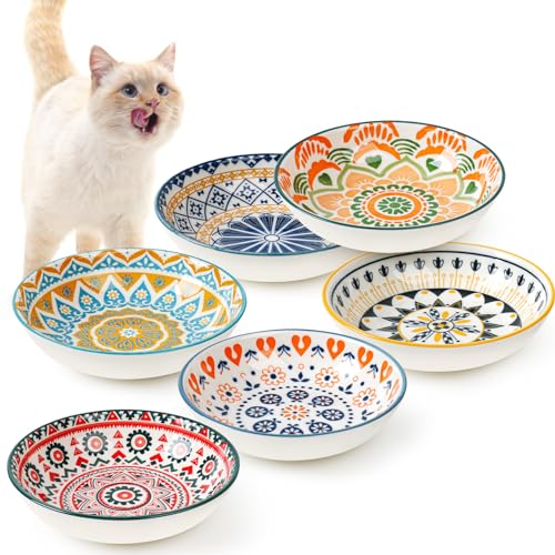 RAPSRK Katzenfutternapf-Set, Keramik, 14 cm, 6 bunte breite, flache Katzennäpfe für Futter und Wasser, für Katzen und Hunde, mikrowellen- und spülmaschinenfest von Rapsrk