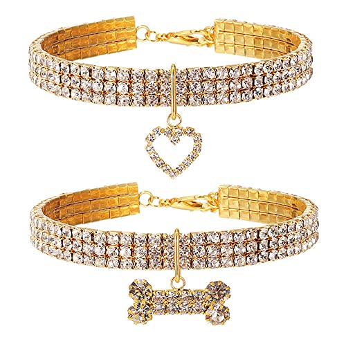 2PCS Pet Gold Halsband Zubehör Katze Hund Halsband Herz und Knochen Anhänger Drei Reihen Diamant Halskette Einstellbar Halsband von RayMinsino