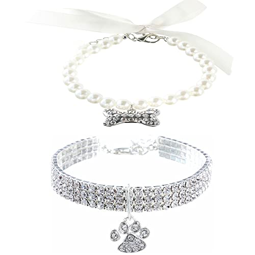 RayMinsino 2 Stück Haustier-Halsbänder mit Perlen verstellbar Kristall Diamant Stretch Herz Kralle Knochen Anhänger Hochzeit Katze Hund kleine Haustier Halskette Schmuck von RayMinsino