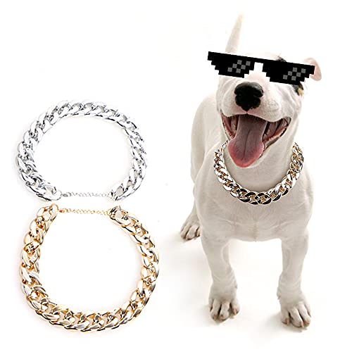 RayMinsino Goldkette für Hunde, geeignet für kleine und mittelgroße Hundehalsbänder, Haustier-Halskette, Schmuckzubehör, 2 Stück (Gold/Silber) von RayMinsino