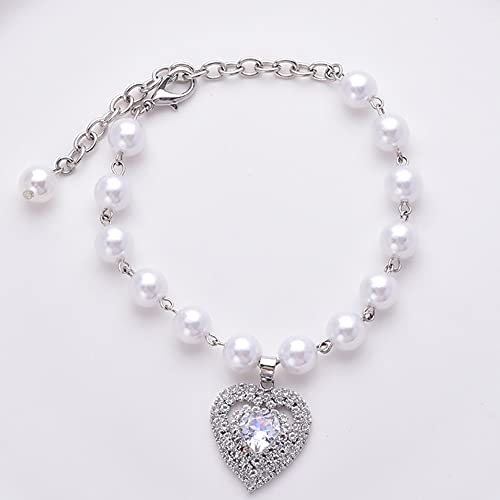 RayMinsino Haustier-Halskette mit Herz- und Katzenperlen und glänzenden Edelsteinen, Perlen-Strass-Halsband für kleine Katzen und Hunde, Hochzeitsschmuck von RayMinsino