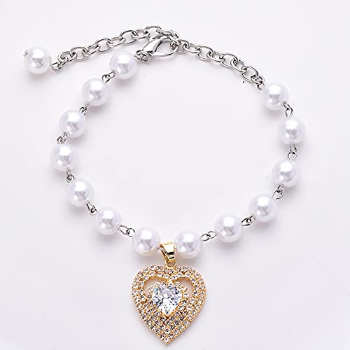 RayMinsino Haustier-Halskette mit Herz- und Katzenperlen und glänzenden Edelsteinen, Perlen-Strass-Halsband für kleine Katzen und Hunde, Hochzeitsschmuck von RayMinsino
