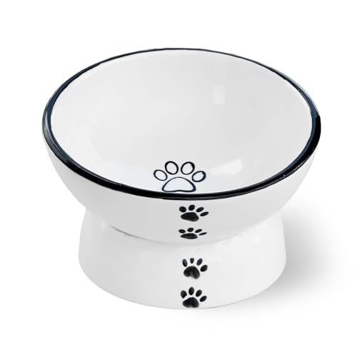 Raytrue-X Anti-ollover erhöhte Keramik-Katzennäpfe mit Pfotenabdrücken zum Halten von Futter und Wasser, schwarzer Rand, geeignet für kleine Hunde und Haustiere von Raytrue-X