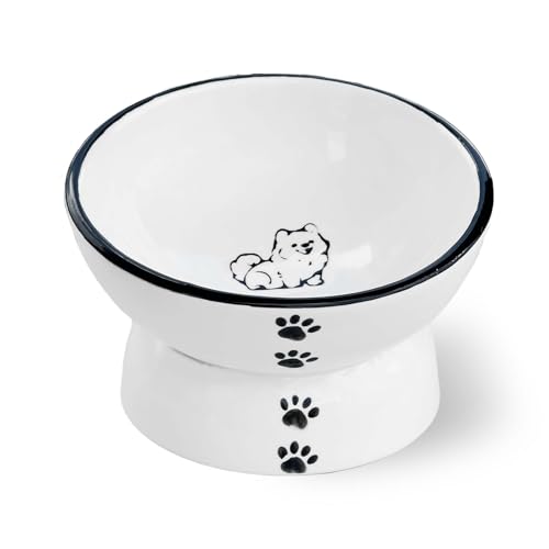 Raytrue-X Erhöhte Keramik-Katzennäpfe mit Futter und Wasser, mit niedlichem Welpenmuster, schwarzer Rand, geeignet für kleine Hunde und Haustiere von Raytrue-X