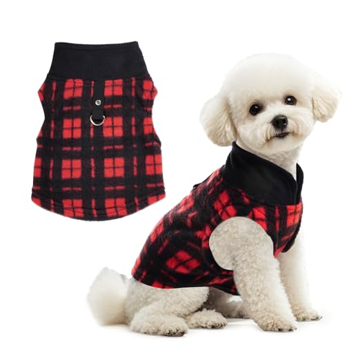 Rbenxia Karierter Hundepullover mit Ring für die Leine, weiche Fleece-Weste für kleine Welpen und Katzen, Schwarz und Rot, Größe XS Rbenxia Karierter Hundepullover mit Ring für die Leine, weiche Fleece-Weste für kleine Welpen und Katzen, Schwarz und Rot, Größe XS von Rbenxia