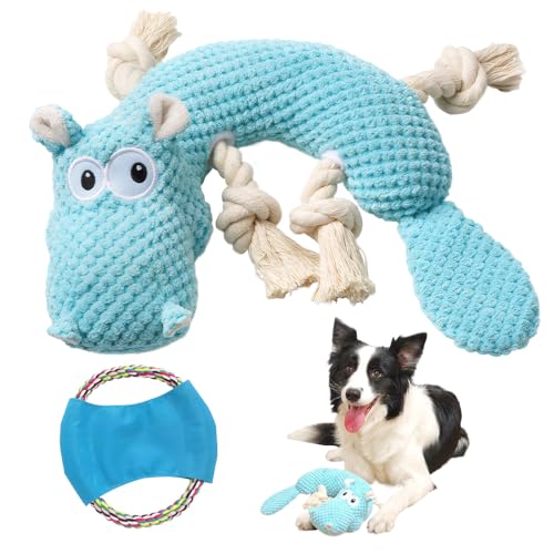 Rbleote Unzerstörbares Hundespielzeug mit Hundefrisbee, Hundespielzeug Große Hunde, Tauziehen Hunde Kuscheltier mit Quietscher & Zugseil für Große Kleine und Mitte (Blau Nilpferd) von Rbleote