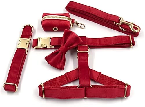 Rcsinway Hundegeschirr aus rotem Samt, personalisierbar, 5-teiliges Set, mit Fliege, Halsband, Leine, Kotbeutel, funktionales Hunde-Traktions-Set (Größe: XS) von Rcsinway