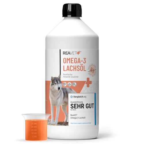 TESTURTEIL SEHR GUT 2025 ReaVET Lachsöl Hunde 1 Liter – Reich an Omega 3 & 6, Fischöl Hund hochdosiert, echte Lebensmittelqualität ohne Zusätze, frisch abgefüllt in Deutschland von ReaVET