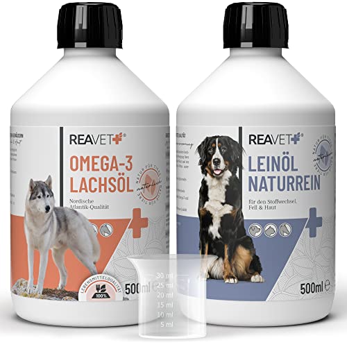 ReaVET Futteröl Hunde, 2 Sorten x 500ml, Barföl Hund - Set aus Lachsöl & Leinöl - Barf Zusatz, Kaltgepresst, Omega-3 Fettsäuren, Ohne Zusätze von ReaVET