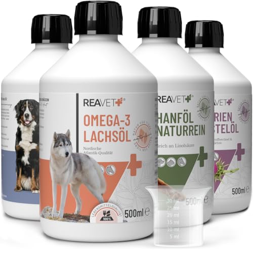 ReaVET Futteröl Hunde, 4 Sorten x 500 ml, Barföl Hund, Futteröl Hund, Hochwertiges Barföl Hunde, Öl Hund, Barf Zusatz Hund, natürlich artgerecht von ReaVET