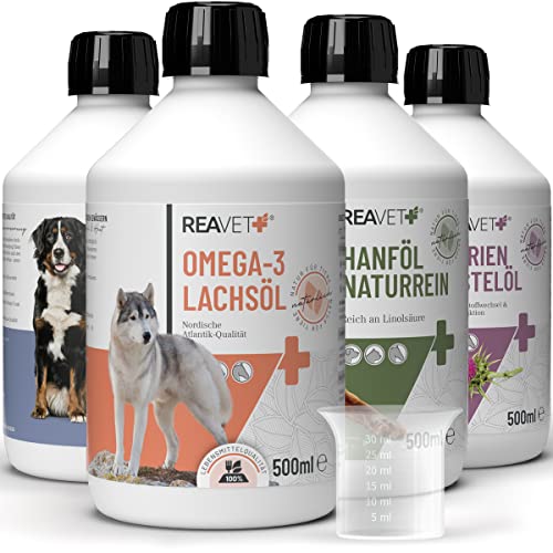 ReaVET Futteröl Hunde, 4 Sorten x 500 ml, Barföl Hund, Futteröl Hund, Hochwertiges Barföl Hunde, Öl Hund, Barf Zusatz Hund, natürlich artgerecht von ReaVET