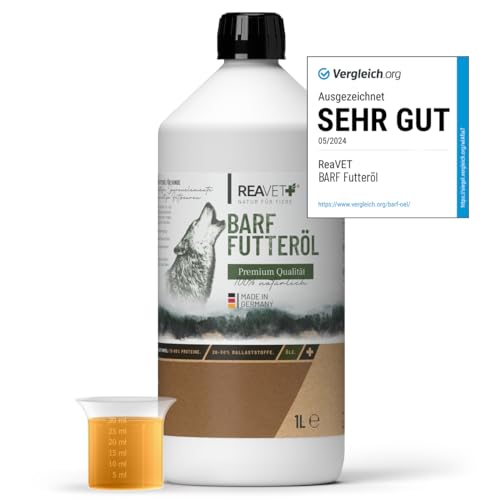 ReaVET Profi Futteröl Hunde 1 Liter, 1. Kaltpressung, kaltgepresst, Barföl, Futteröl Hund, hochwertige und perfekte Mischung, Öl Hund, Barf Zusatz, natürlich & artgerecht von ReaVET