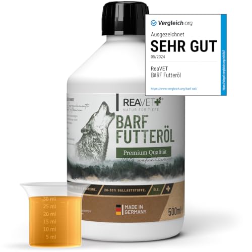 ReaVET TESTURTEIL SEHR GUT 05/24 Profi Futteröl 500ml Hunde, 1.Kaltpressung - Barföl, Futteröl kaltgepresst Hund, hochwertige & perfekte Mischung, Barf Zusatz für Hunde I natürlich & artgerecht von ReaVET