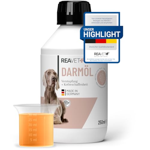 ReaVET Darmöl für Hunde 250ml I Natürliche Verdauungshilfe bei Verstopfung & hartem KOT I Futteröl Hund für Normale Kotbeschaffenheit, Mittel gegen Verstopfung, bei Verdauungsproblemen von ReaVET
