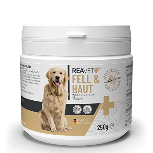 ReaVET Haut & Fell Pulver für Hunde & Katzen 250g I Pulver Komplex mit Bierhefe, Omega-3 & Hagebutten I Ideale Ergänzung bei Haarverlust beim Hund, Fellwechsel von ReaVET