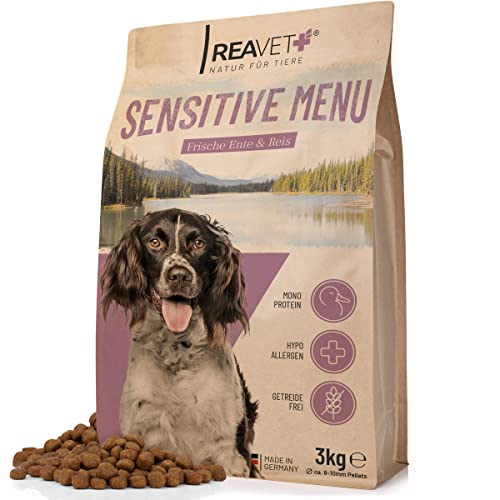 ReaVET Hundefutter Trocken - Sensitive Menü Ente & Reis 3kg, Hypoallergenes Trockenfutter, Hoher Fleischanteil, Getreidefrei, Hundetrockenfutter Sensitiv, Für Ernährungssensible Hunde Aller Rassen von ReaVET