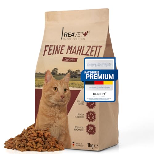 ReaVET Trockenfutter Katze - Feine Mahlzeit 1kg Geflügel, Rind & Lachsöl, Katzentrockenfutter für Erwachsene Katzen Aller Rassen, Hoher Fleischanteil, Komplett Katzenfutter Trocken von ReaVET