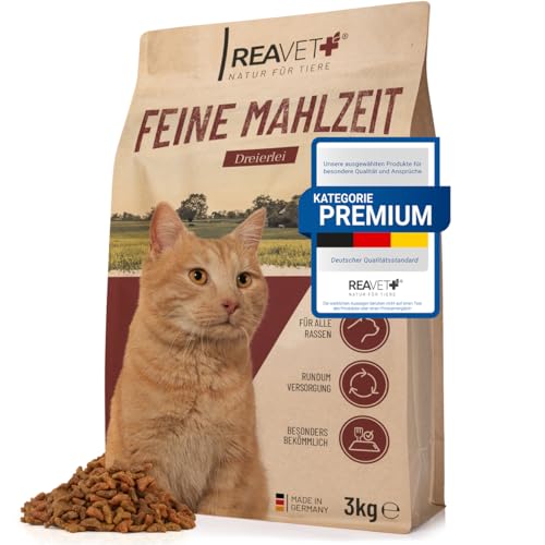 ReaVET Trockenfutter Katze - Feine Mahlzeit 3kg Geflügel, Rind & Lachsöl I Glutenfrei Katzentrockenfutter für Erwachsene Katzen Aller Rassen, Hoher Fleischanteil, Komplett Katzenfutter Trocken von ReaVET