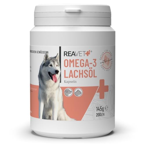 ReaVET Lachsöl Kapseln Hund 200 Stück, Omega-3 Lachsöl für Hunde & Katzen I Hochdosiertes Fischöl in Lebensmittelqualität von ReaVET