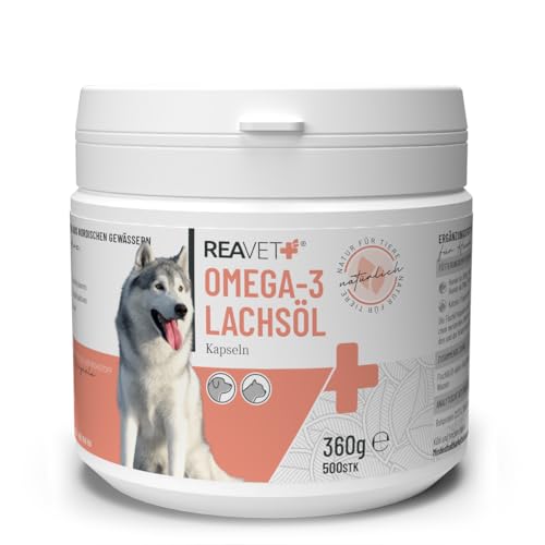ReaVET Lachsöl Kapseln Hund 500 Stück, Omega 3 Öl Hund I Lachsöl Kapseln Hunde I Hochdosiertes Fischöl in Lebensmittelqualität ReaVET Lachsöl Kapseln Hund 500 Stück, Omega 3 Öl Hund I Lachsöl Kapseln Hunde I Hochdosiertes Fischöl in Lebensmittelqualität von ReaVET