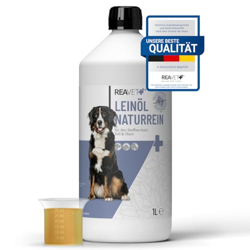 ReaVET Leinöl für Hunde & Pferde 1 Liter I Leinöl Hund Kaltgepresst, Nativ, Reich an Omega 3 & 6 Fettsäuren I Barf-Zusatz, Hochwertiges Barf Öl Hund, Katze, Pferd von ReaVET