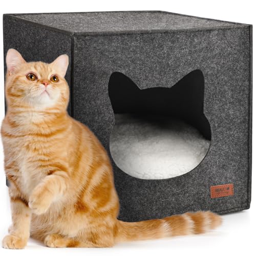 ReaVET Miezen-Koje Katzenhaus - Katzenhöhle aus Filz mit Katzenkissen I Extra Weich & Flauschig I Katzenbett passend für Regal 33x33x33cm, Katzenschlafplatz mit Komfortkissen von ReaVET