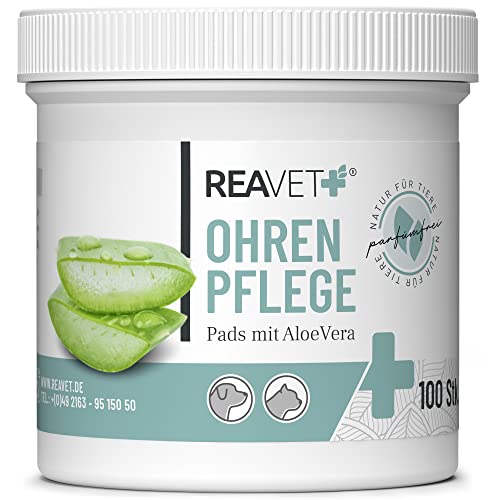 ReaVET Ohrenreiniger Hund & Katze 100 Stück – Ohrenpflege Pads Hund I Pflegeprodukt für Ohren, Reinigungstücher Hund, Besonders Milde & Schonende Reinigung mit Aloe Vera für Hunde und Katzen ReaVET Ohrenreiniger Hund & Katze 100 Stück – Ohrenpflege Pads Hund I Pflegeprodukt für Ohren, Reinigungstücher Hund, Besonders Milde & Schonende Reinigung mit Aloe Vera für Hunde und Katzen von ReaVET