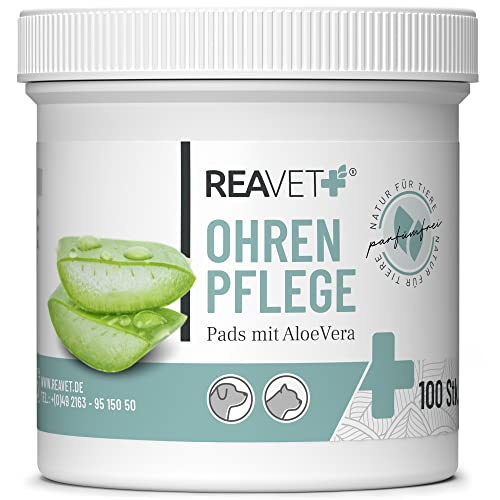 ReaVET Ohrenreiniger Hund & Katze 100 Stück – Ohrenpflege Pads Hund I Pflegeprodukt für Ohren, Reinigungstücher Hund, Besonders Milde & Schonende Reinigung mit Aloe Vera für Hunde und Katzen von ReaVET