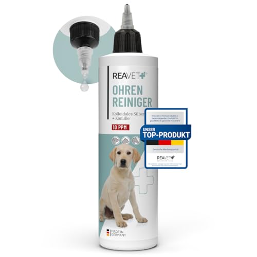 ReaVET Ohrenreiniger für Hunde & Katzen 250ml - Ohrreiniger mit Kolloidalem Silber + Natürlicher Kamille I Mittel zum Ohr Reinigen für Hund, Katze, Pferd von ReaVET