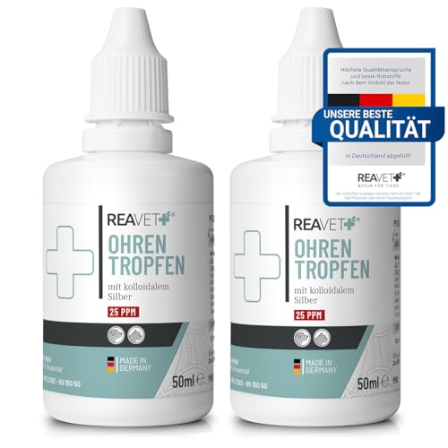 ReaVET Ohrentropfen mit kolloidalem Silber 2 x 50ml I Für Hunde und Katzen I SEHR GUT bei Ohrentzündungen, Juckreiz, Keime, Pilze und Bakterien, Ohrenpflege, Ohrenhygiene, Gesunde Ohren von ReaVET