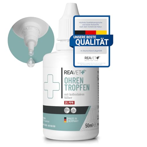 ReaVET Ohrentropfen mit kolloidalem Silber 50ml I Für Hunde und Katzen I SEHR GUT bei Ohrentzündungen, Juckreiz, Keime, Pilze und Bakterien, Ohrenpflege, Ohrenhygiene, Gesunde Ohren von ReaVET