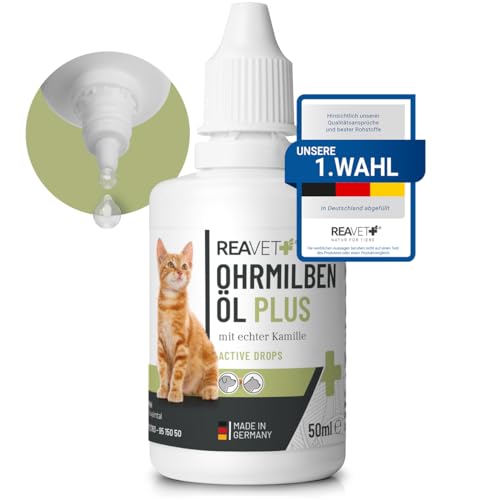 ReaVET Ohrmilbenöl Plus 50ml sofort wirksames Mittel für Katzen – gegen Ohrmilben mit Kamille für Katze, Sanfte Pflege bei Juckreiz im Ohr, Ohrentropfen Milben, Ohrenreiniger von ReaVET
