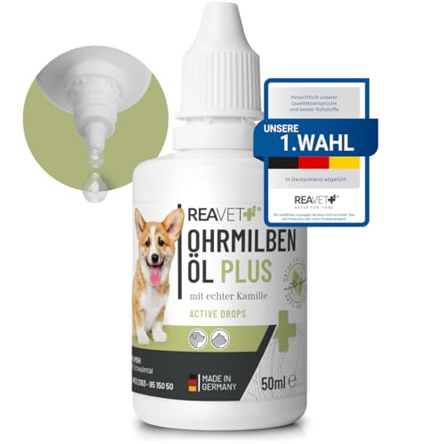 ReaVET Ohrmilbenöl Plus 50ml sofort wirksames Mittel für Hunde – gegen Ohrmilben mit Kamille für Hund, Sanfte Pflege bei Juckreiz im Ohr, Ohrentropfen Milben, Ohrenreiniger von ReaVET