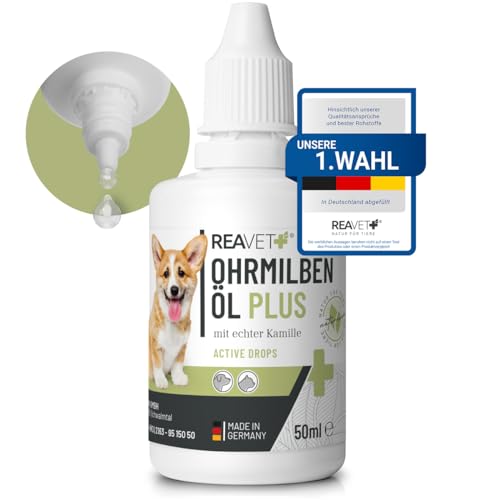 ReaVET Ohrmilbenöl Plus 50ml sofort wirksames Mittel für Hunde – gegen Ohrmilben mit Kamille für Hund, Sanfte Pflege bei Juckreiz im Ohr, Ohrentropfen Milben, Ohrenreiniger von ReaVET