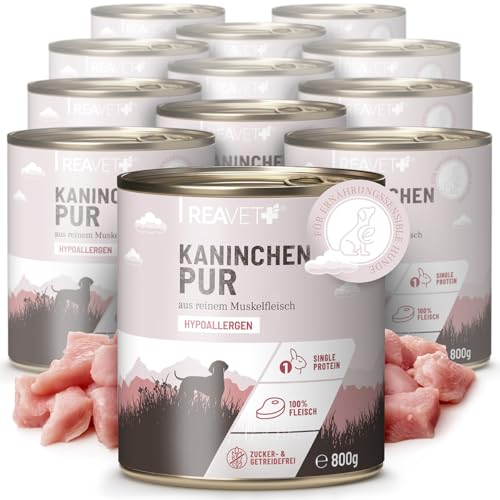 ReaVET Premium Hunde Nassfutter - Kaninchen Pur 12 x 800g I Reines Muskelfleisch, Hypoallergen, ohne Getreide & Zusätze, Hundenassfutter sensitiv für Allergiker von ReaVET