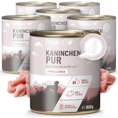 ReaVET Premium Hunde Nassfutter - Kaninchen Pur 6 x 800g I Reines Muskelfleisch, Hypoallergen, ohne Getreide & Zusätze, Hundenassfutter sensitiv für Allergiker von ReaVET