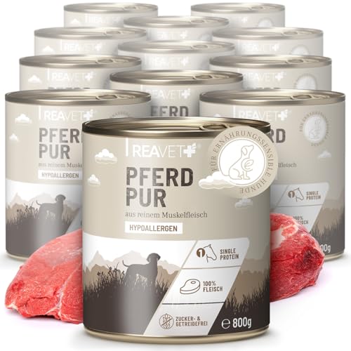 ReaVET Premium Hunde Nassfutter - Pferd Pur 12 x 800g I Reines Muskelfleisch, Hypoallergen, ohne Getreide & Zusätze, Hundenassfutter sensitiv für Allergiker von ReaVET