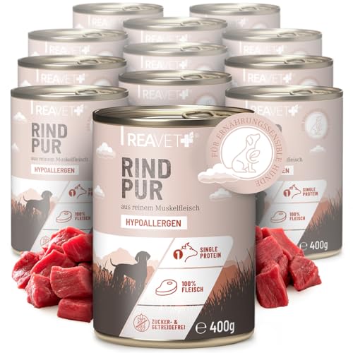 ReaVET Premium Hunde Nassfutter - Rind Pur 12 x 400g I Reines Muskelfleisch, Hypoallergen, ohne Getreide & Zusätze, Hundenassfutter sensitiv für Allergiker von ReaVET