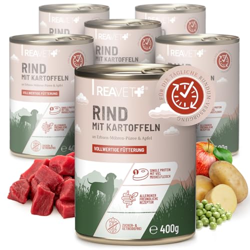 ReaVET Premium Hunde Nassfutter - Rind an Kartoffeln & Apfel 6 x 400g I mit hohem Fleischanteil & viel Muskelfleisch, Getreidefrei, Hundefutter nass, ohne Zucker ReaVET Premium Hunde Nassfutter - Rind an Kartoffeln & Apfel 6 x 400g I mit hohem Fleischanteil & viel Muskelfleisch, Getreidefrei, Hundefutter nass, ohne Zucker von ReaVET