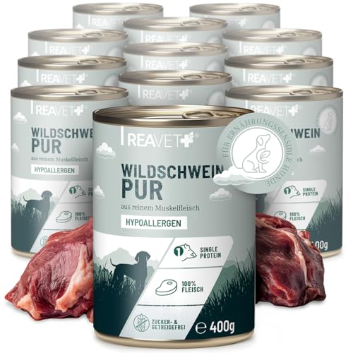 ReaVET Premium Hunde Nassfutter - Wildschwein Pur 12 x 400g I Reines Muskelfleisch, Hypoallergen, ohne Getreide & Zusätze, Hundenassfutter sensitiv für Allergiker ReaVET Premium Hunde Nassfutter - Wildschwein Pur 12 x 400g I Reines Muskelfleisch, Hypoallergen, ohne Getreide & Zusätze, Hundenassfutter sensitiv für Allergiker von ReaVET