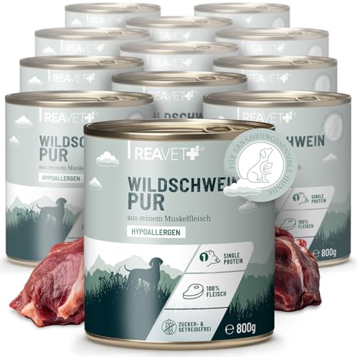 ReaVET Premium Hunde Nassfutter - Wildschwein Pur 12 x 800g I Reines Muskelfleisch, Hypoallergen, ohne Getreide & Zusätze, Hundenassfutter sensitiv für Allergiker ReaVET Premium Hunde Nassfutter - Wildschwein Pur 12 x 800g I Reines Muskelfleisch, Hypoallergen, ohne Getreide & Zusätze, Hundenassfutter sensitiv für Allergiker von ReaVET