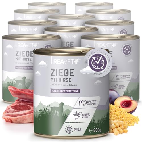 ReaVET Premium Hunde Nassfutter - Ziege an Hirse & Kichererbsen 12 x 800g I Mit hohem Fleischanteil & viel Muskelfleisch, Glutenfrei, Hundefutter nass, ohne Zucker von ReaVET