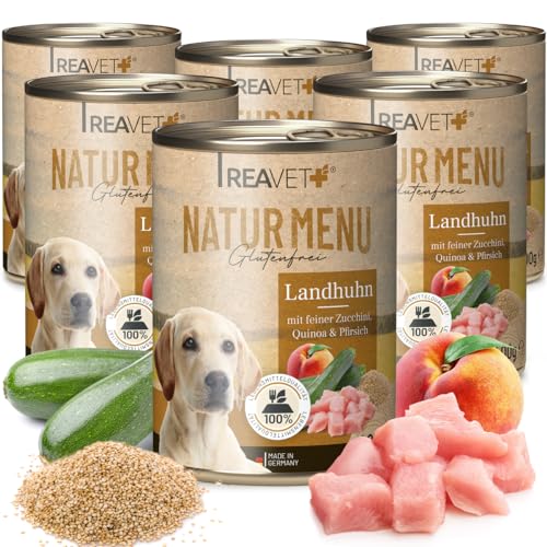ReaVET Natur Menu Hundefutter 6 x 400g, Nassfutter für Hunde – Landhuhn mit feiner Zucchini, Quinoa & Pfirsich I Glutenfrei, Adult Hundenassfutter naturbelassen in Lebensmittelqualität von ReaVET
