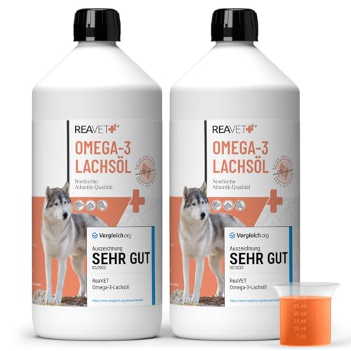 TESTURTEIL SEHR GUT 2025 ReaVET Lachsöl Hunde 1 Liter im 2er Set – Reich an Omega 3 & 6, Fischöl Hund hochdosiert I Echte Lebensmittelqualität ohne Zusätze I Frisch abgefüllt in Deutschland von ReaVET