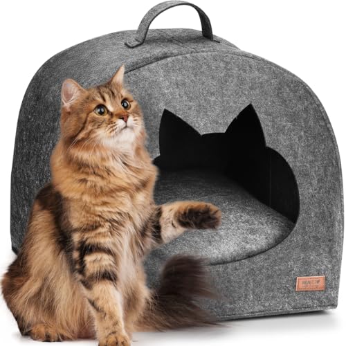 ReaVET Schnurr-Oase Katzenhaus aus Filz – Katzenhöhle mit Katzenkopf-Eingang und Komfortkissen, Rückzugsort für Katzen, modernes Katzenbett ca. 37x37x35cm, gemütlich & pflegeleicht von ReaVET