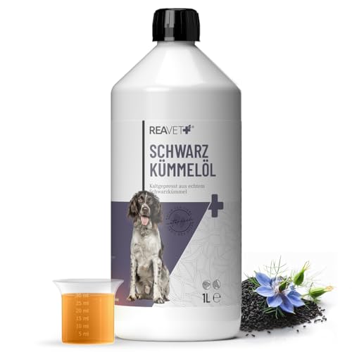 ReaVET Schwarzkümmelöl 1L für Hunde & Pferde - Kaltgepresst aus echtem Schwarzkümmel I Nigella Sativa I Barf-Zusatz Hund, Kümmel-Öl Pferd I Reich an Omega-6 & 9 Fettsäuren für Fell & Haut von ReaVET
