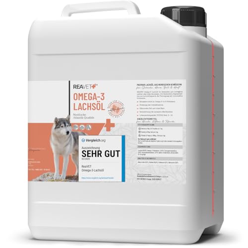 TESTURTEIL SEHR GUT 2025 ReaVET Lachsöl Hunde, Pferde 5-Liter-Kanister – Reich an Omega 3 & 6, Fischöl Hund hochdosiert I Echte Lebensmittelqualität ohne Zusätze I Frisch abgefüllt in Deutschland TESTURTEIL SEHR GUT 2025 ReaVET Lachsöl Hunde, Pferde 5-Liter-Kanister – Reich an Omega 3 & 6, Fischöl Hund hochdosiert I Echte Lebensmittelqualität ohne Zusätze I Frisch abgefüllt in Deutschland von ReaVET