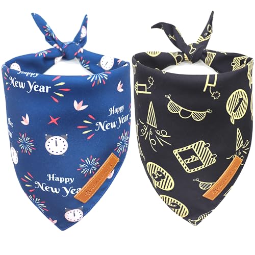 Realeaf Hundehalstücher mit Aufschrift "Happy New Year", wendbar, für Jungen und Mädchen, Premium-strapazierfähiger Stoff, Bandana für kleine, mittelgroße und große Hunde, 2 Stück von Realeaf