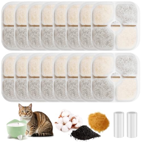 Realjoy 16 Stück Katzenbrunnen Filter, 2,5L Ersatzfilter Katzenbrunnen mit Harz und Aktivkohle, Dreifaches Filtersystem, für Catit Pixi Trinkbrunnen Katzen, 2 Schläuch von Realjoy