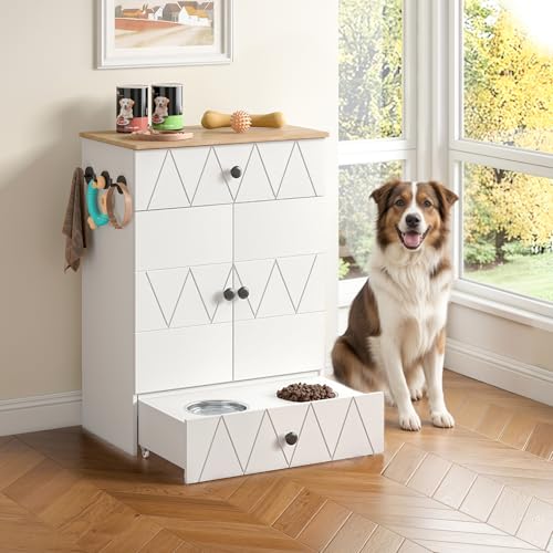Haustier-Futterschrank mit Lagerschrank, Futterschrank Hund mit 2 Edelstahlnäpfen & 3 Haken, Hundefutterstation mit Schubladen & Verstellbarer Ablage, Hundebar für Hunde, 61x35,5x82,5cm (Weiß) von Rebongki